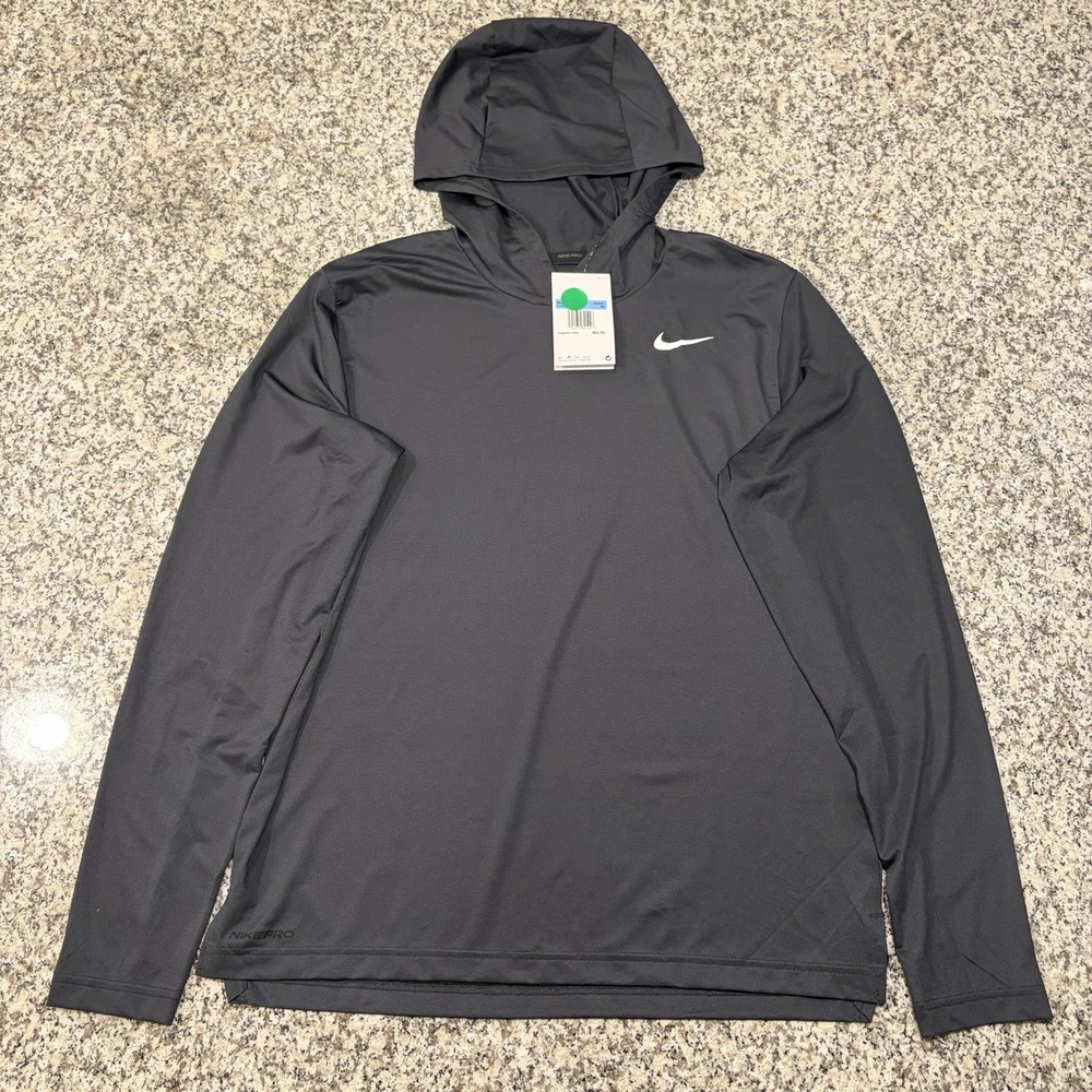 NWT Nike Pro Dri-FIT Long Sleeve Hooded Shirt Mens Medium Dark Gray Active Top